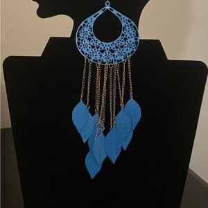 Elegant Blue Leaf Dangle Earrings With Chains